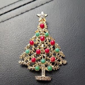 Gold Christmas Tree Brooch with Red and Green Accents